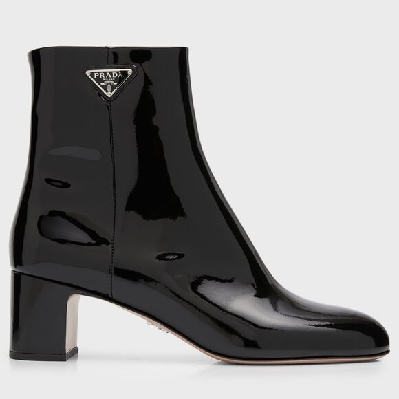 PRADA Triangle Logo Patent Leather Block Heel Ankle Booties Boots Shoes - Picture 1 of 16